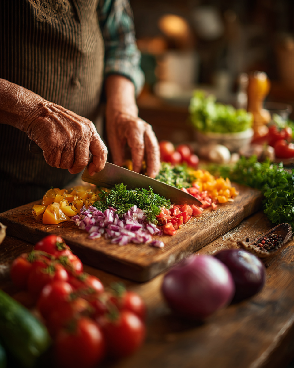 Старша жінка готує традиційну страву на кухні з натуральними продуктами